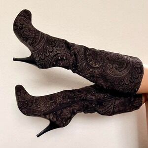 Early 2000s Black Paisley Tapestry Knee-High Boots